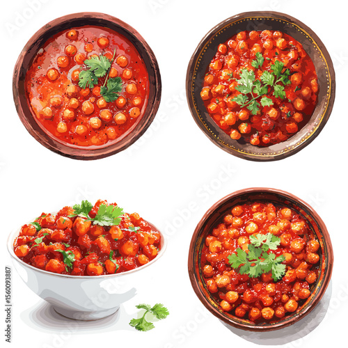 Spicy Indian-style chickpea curry in rich tomato sauce, served in bowls with fresh cilantro, perfect for vegan cuisine and comfort food visuals.

