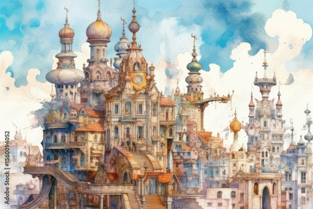 Obraz premium Watercolor fantasy illustration of a magical city with architecture in the spirit of fairy-tale Art Nouveau. 