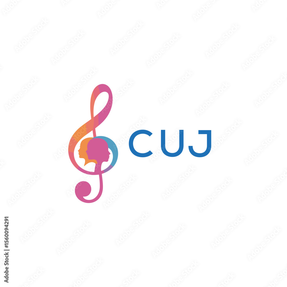 Fototapeta premium CUJ “Abstract music school logo with people and melody icon” CUJ Later Logo, “Modern music therapy logo with faces and note symbol” 