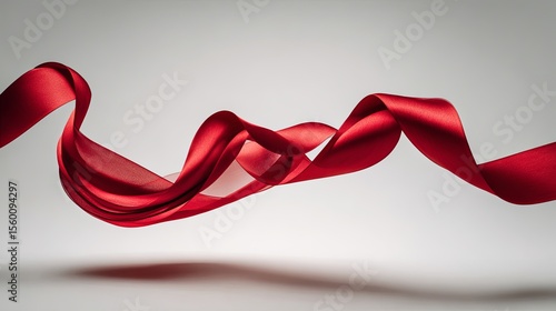 Elegant single red ribbon floating gracefully on a clean white background with soft directional lighting and minimalist aesthetic, perfect for themes of celebration, awareness, and simplicity.

