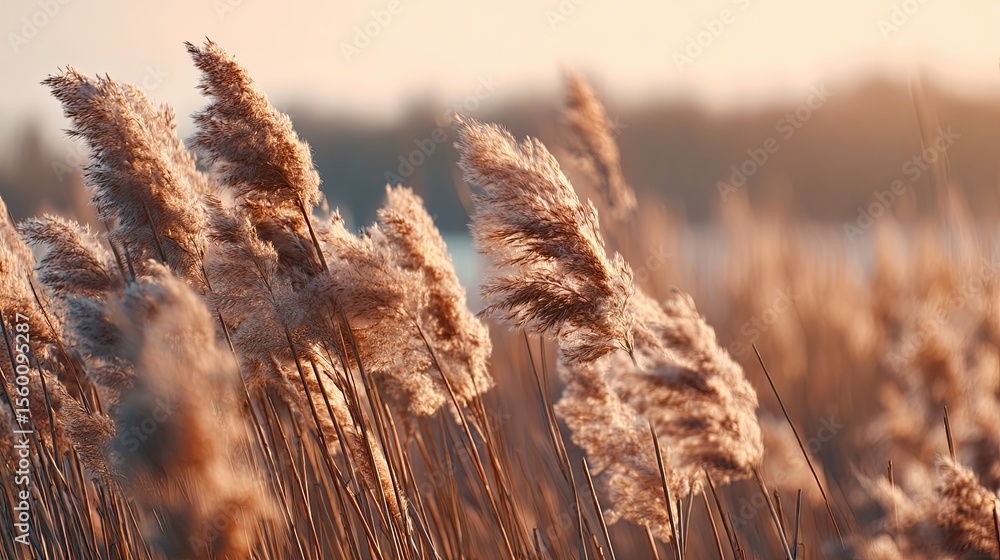 Fototapeta premium Soft pastel pampas grass field bathed in warm golden hour sunlight, delicate boho reeds swaying gently in the breeze with shallow depth of field and dreamy ambient glow.