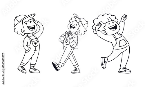 Three Cartoon Characters in Casual Outfits with Caps and Overalls – Playful Hand-Drawn Poses Illustration