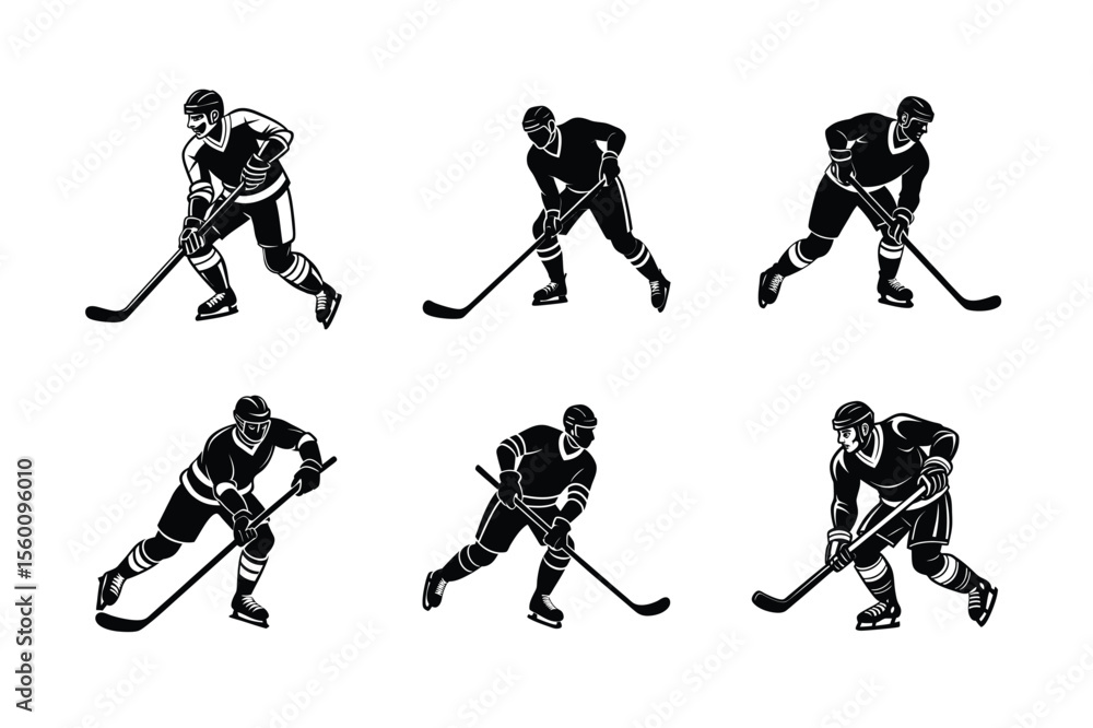 Obraz premium Ice Hockey Player Silhouette Vector Set – Sport Action Poses of Skating and Stick Handling Athletes Illustration Collection