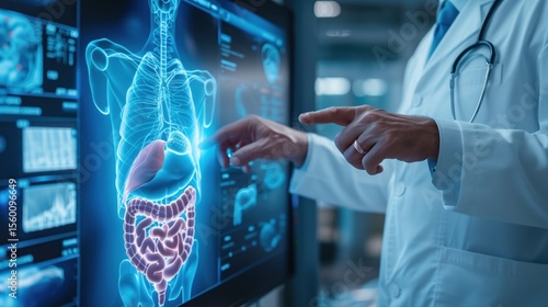 Gastroparesis Awareness Month. medical professional pointing to detailed stomach anatomy poster showing gastroparesis condition