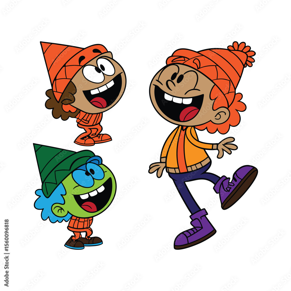 Obraz premium Three Cartoon Characters in Winter Hats and Outfits, Playful Hand-Drawn Group Illustration
