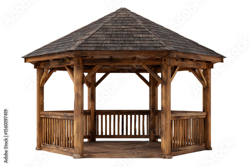 Rustic wooden hexagonal gazebo with cedar shake roof isolated on transparent background