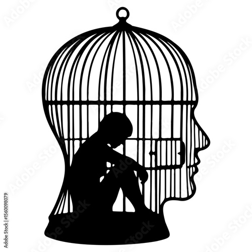 Silhouette of a Person in a Head-Shaped Birdcage