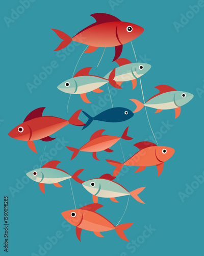 A school of fish swims in perfect unison each one seemingly connected to the other by a string attached to the back of their heads their movements dictated by a higher force.. Vector illustration