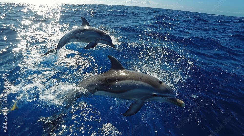 Fototapeta premium Dolphins leap in ocean waves