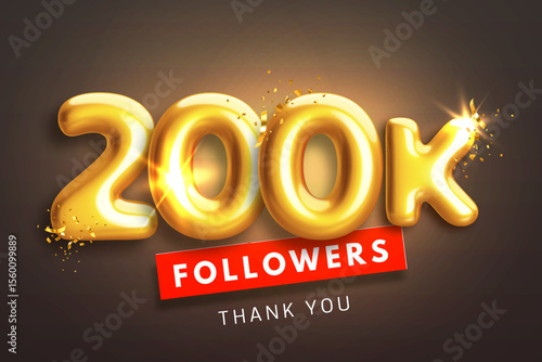 200000 followers celebration banner. Thank you 200k follower peoples. Glossy golden 3d numbers in realistic style on black background. Design for channel, group in social network. Vector illustration
