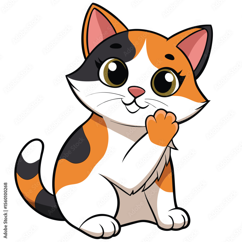 Obraz premium A charming calico cat grooming its paw meticulously, on a plain white surface, a clean and contented pet.