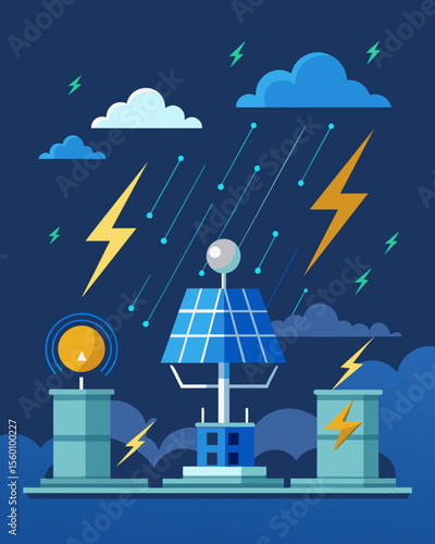 A solarpowered lightning detection system using advanced technology to measure electric fields in the atmosphere and predict lightning strikes with precision.. Vector illustration