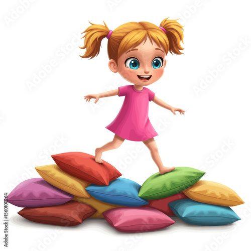 Kid cartoon using couch pillows as stepping stones vector illustration