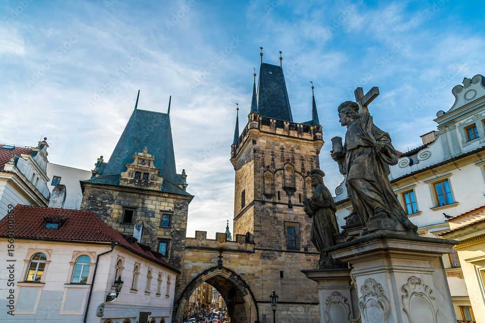 Fototapeta premium A view towards the west side of the Charles Bridge in Prague in springtime