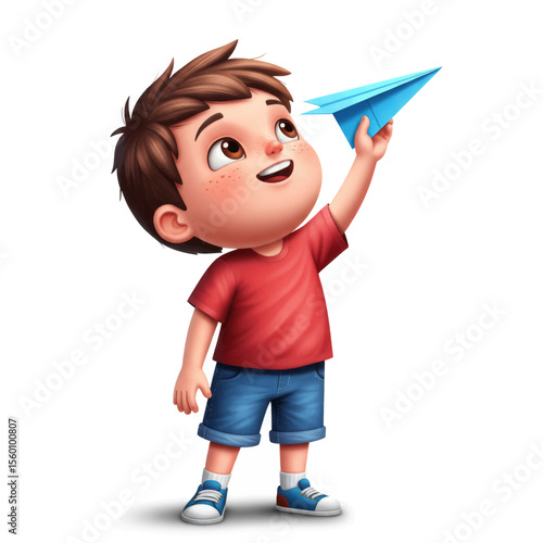 Kid cartoon holding a paper airplane ready to throw vector illustration