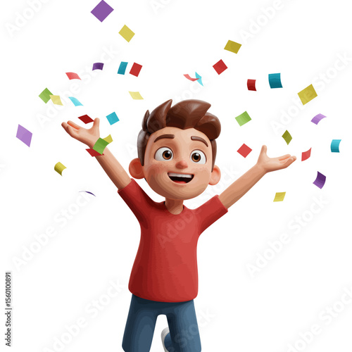 Excited Cartoon Boy Under Confetti Shower Vector Illustration