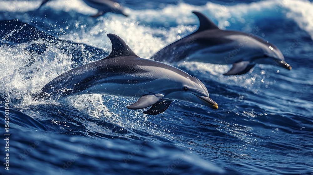 Fototapeta premium Dolphins leaping in ocean waves (8)
