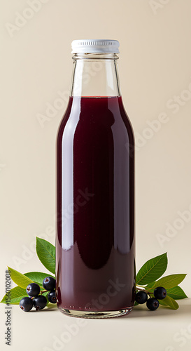 Aromatic and fresh aronia berry juice in a glass bottle with berries and leaves