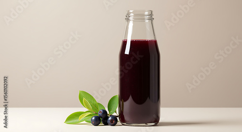 Glass bottle of fresh blueberry juice with berries and green leaves closeup