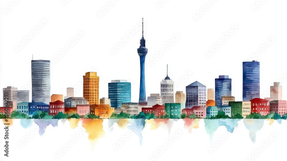 Fototapeta premium Vibrant Watercolor Illustration of Johannesburg Skyline with Tower and Colorful Buildings