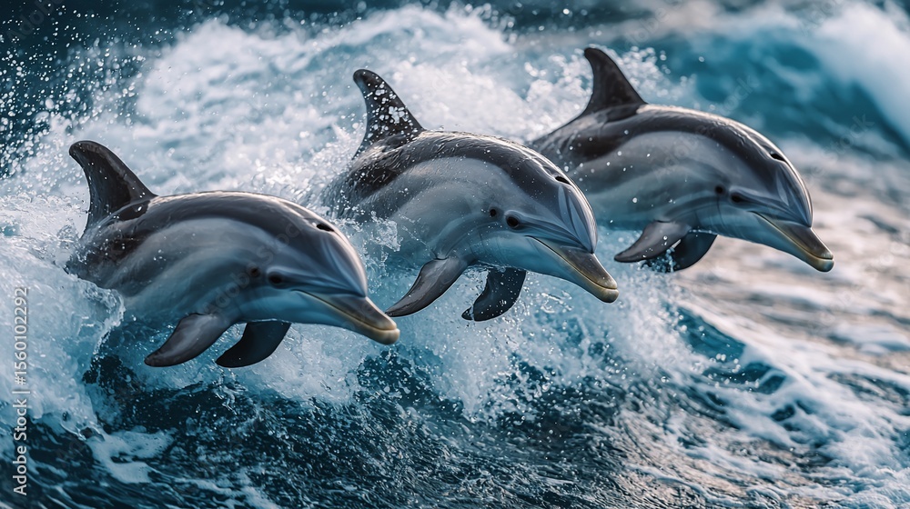 Obraz premium Dolphins leaping in ocean waves