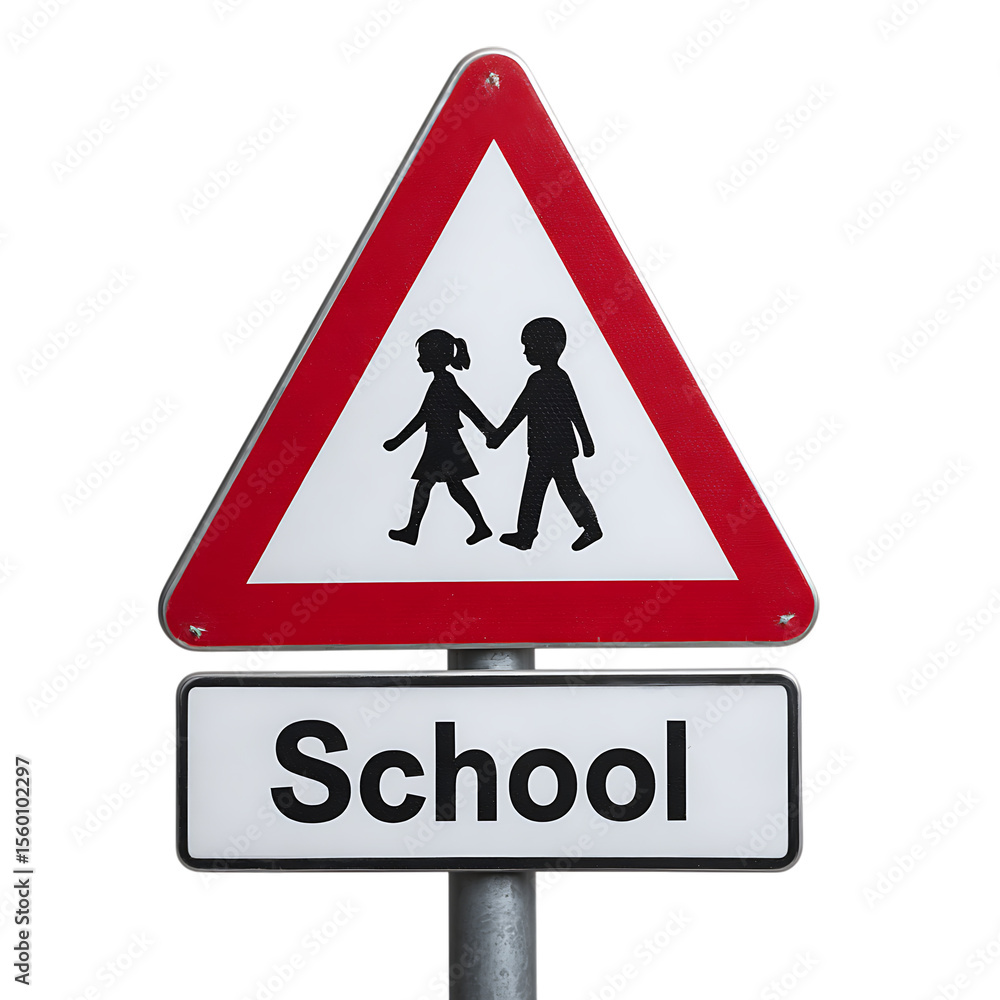 School crossing warning sign with children walking isolated on transparent background School crossing warning sign with children walking isolated on transparent background