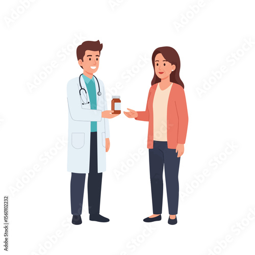 A doctor in a white coat gives a bottle of medicine to a female patient.