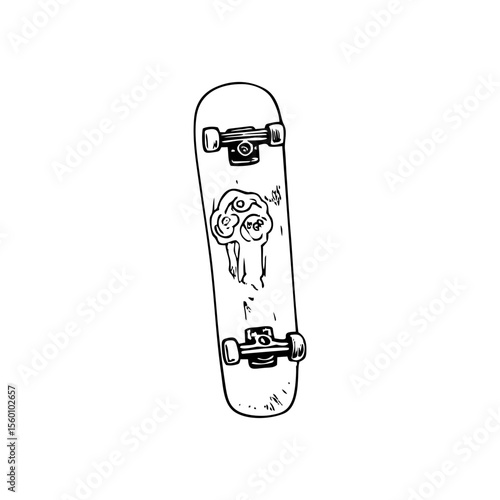 Grunge skateboard with skull print in edgy black SVG doodle style for urban youth graphics, extreme sports content and skater subculture branding