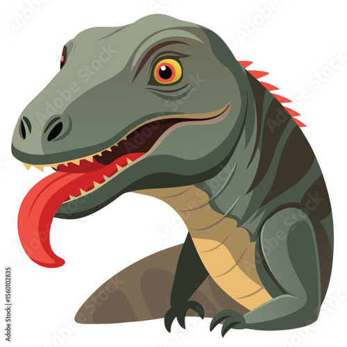 A Komodo dragon with its tongue flicking out, against a clean white background, a fascinating and powerful reptile.