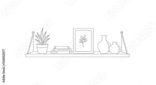 Simple line drawing of a floating shelf with decorative plants, vases, and artwork.