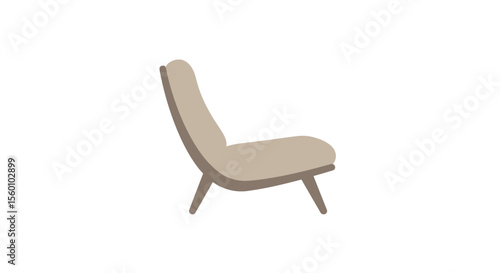 A beige upholstered lounge chair, modern design, side profile view.