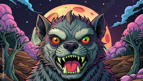 dark haunted forest shrouded in mist cartoon, with a terrifying shadow beast lurking beneath a glowing blood moon in a night sky
