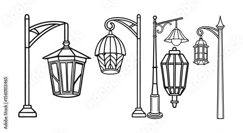  Vintage Street Lamp Illustration, Five Lantern Designs with  Silhouette
