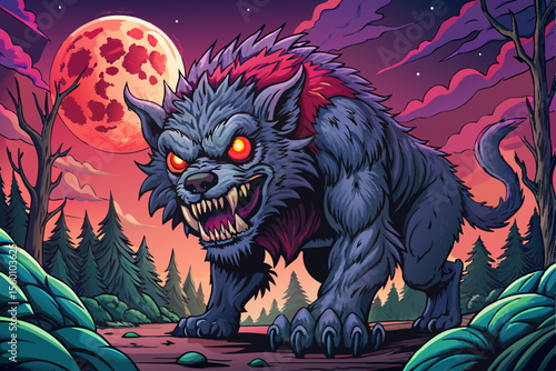 dark haunted forest shrouded in mist cartoon, with a terrifying shadow beast lurking beneath a glowing blood moon in a night sky