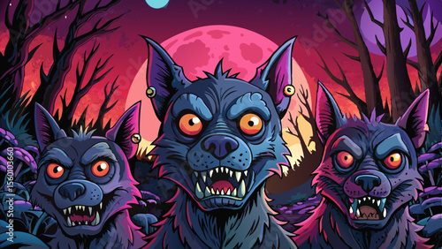 dark haunted forest shrouded in mist cartoon, with a terrifying shadow beast lurking beneath a glowing blood moon in a night sky