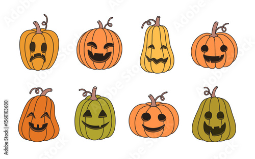 set of cute halloween pumpkin doodle with faces