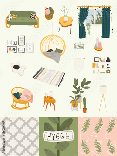 Cozy interior illustration furniture plants decor soft color palette