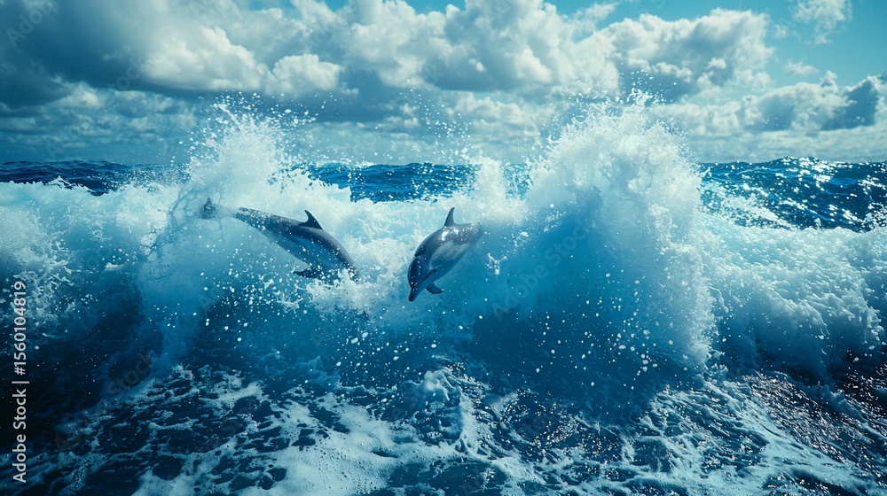 Obraz premium Dolphins leaping through waves