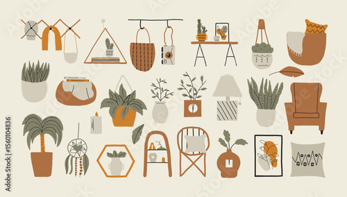 Varied bohemianstyle decor including plants furniture and wall hangings set against a beige backdrop