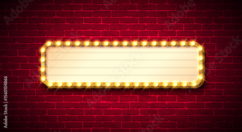 Retro Signboard Lightbox Banner Design with Glowing Light Bulb Frame Billboard on Vintage Brick Wall Background. Vector Customizable Marquee Sign Illustration for Casino Advertising, Theater Show