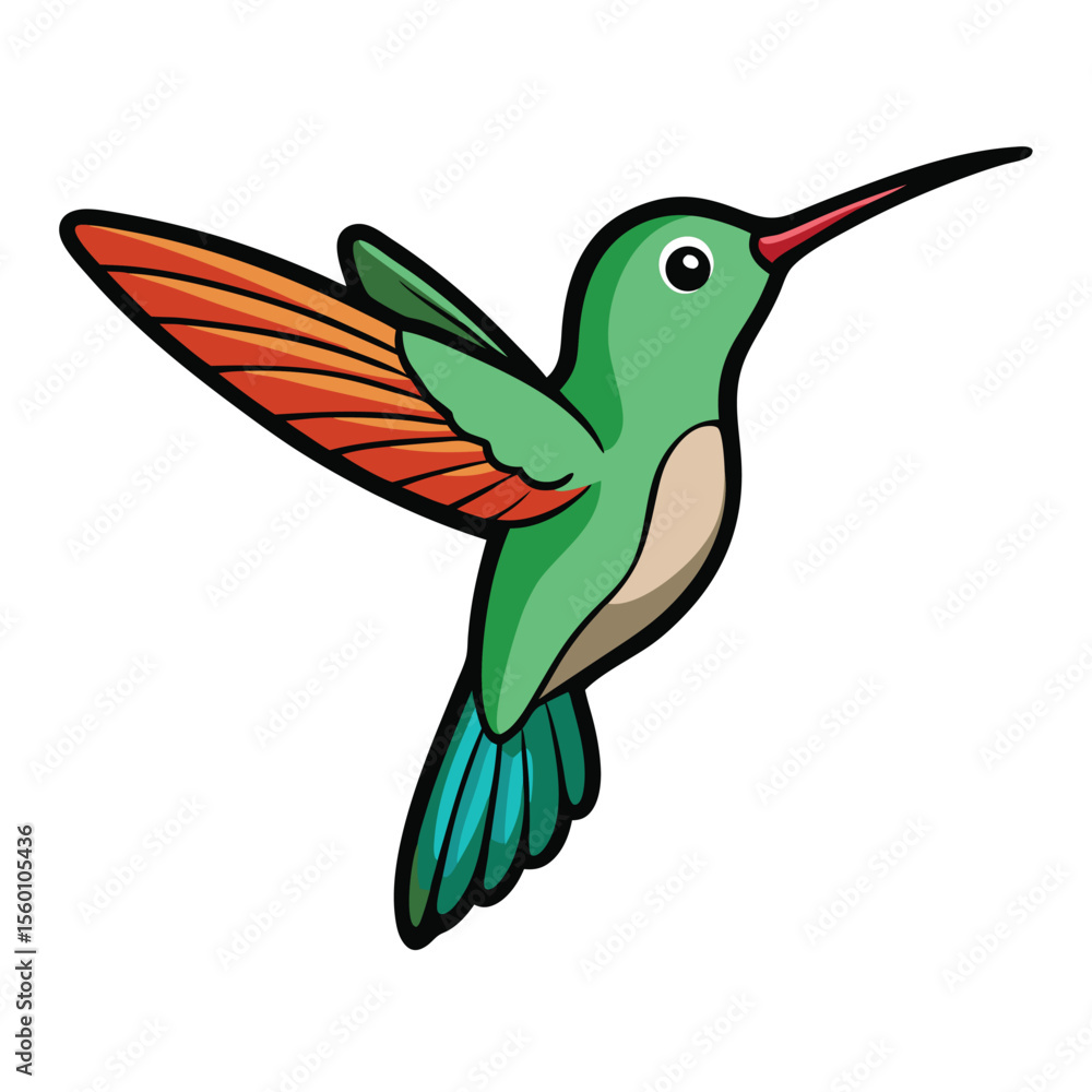 Obraz premium A small and vibrant hummingbird hovering in mid-flight, wings blurring on a plain white surface, a tiny wonder.