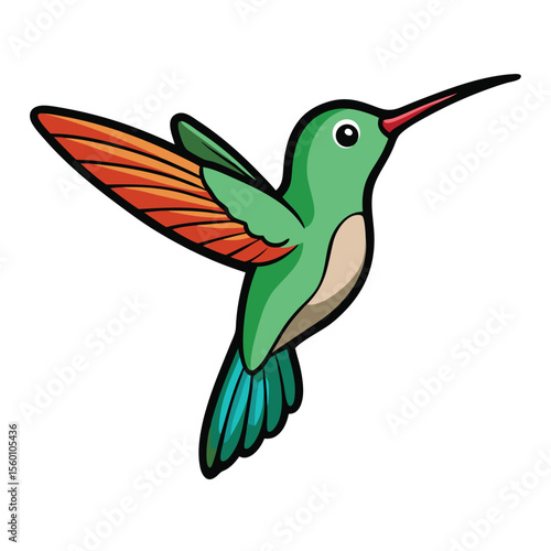 A small and vibrant hummingbird hovering in mid-flight, wings blurring on a plain white surface, a tiny wonder.
