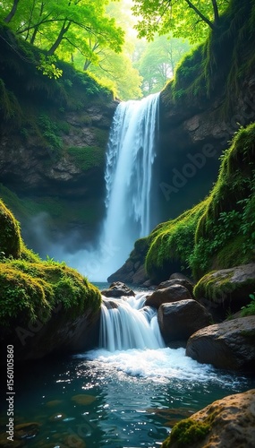 Serene Waterfall Cascade Lush Moss, Sunlight Dappled Rocks, Tranquil Nature Scene