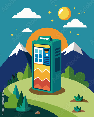 A vending machine at a hiking trail powered by the sun and offering energyboosting snacks to tired adventurers.. Vector illustration