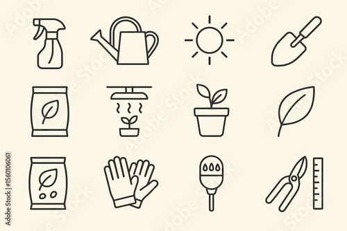 Garden tools and symbols: watering can, sun, seedlings, gloves, pruners
