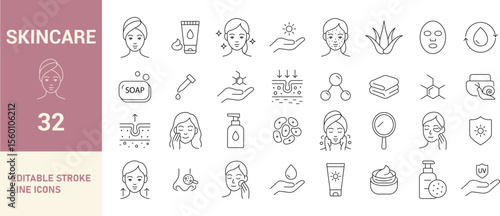 Skincare Line Editable Icons Set. Soap, Serum, Moisturizer, Facial Mask, Sun Protection, Acne Treatment, Skincare Routine, and More. Vector Illustration.
