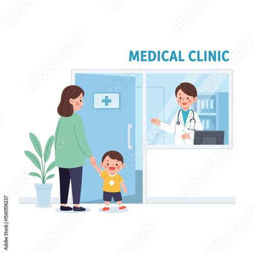 A mother and child at a medical clinic, being greeted by a doctor.