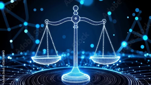 Digital scales of justice, represented in glowing wireframe over a circuit board, symbolizing technology and law and fairness, blue color scheme