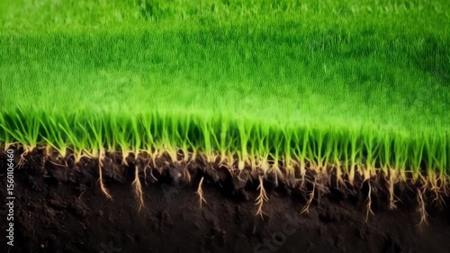 Section of lush green grass showing roots in dark soil, representing healthy lawn and soil composition.