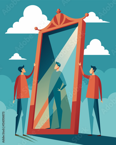 A funhouse mirror warped the image making the tall look short and the thin look wide creating a deceptive and manipulative illusion.. Vector illustration